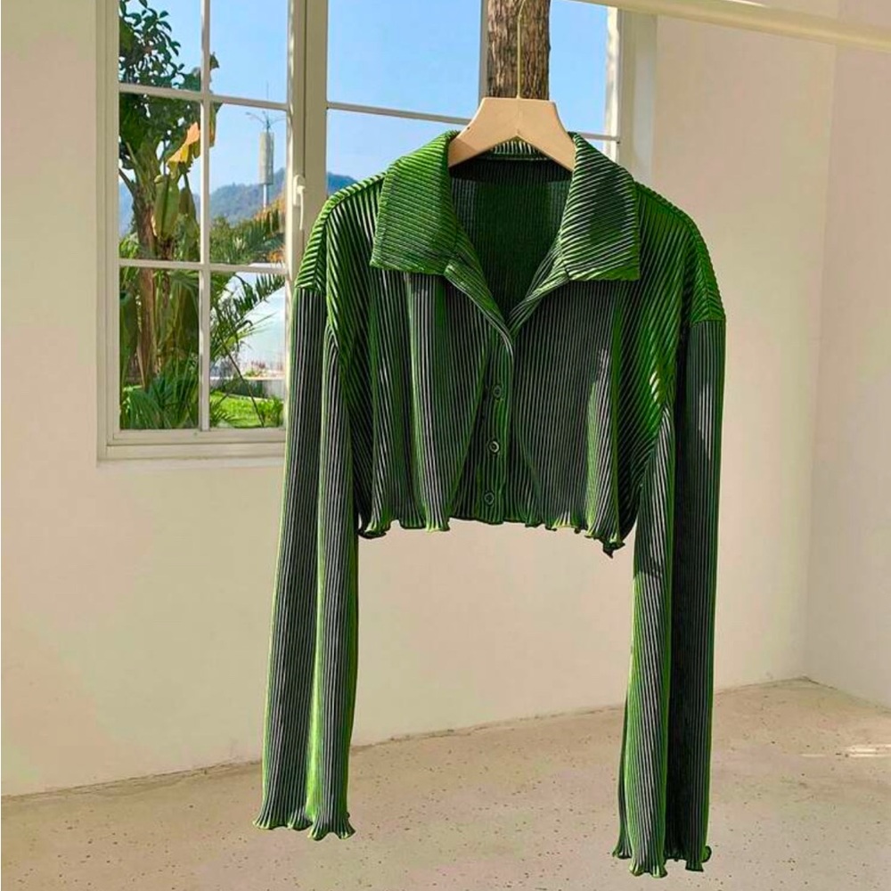 Green Striped Cropped Blouse